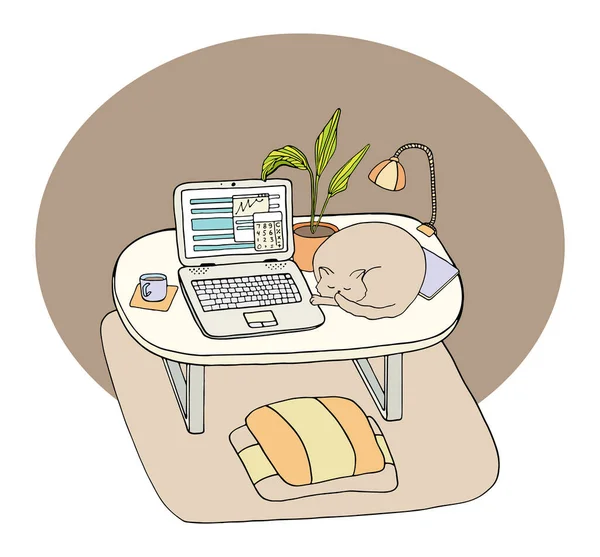 リモートワークの概念 ノートパソコン コーヒーと猫のマグカップをテーブルの上に自宅のオフィスの職場 手描きの漫画ベクトルイラスト 家にいる 隔離と隔離時間 フリーランスプリント — ストックベクタ