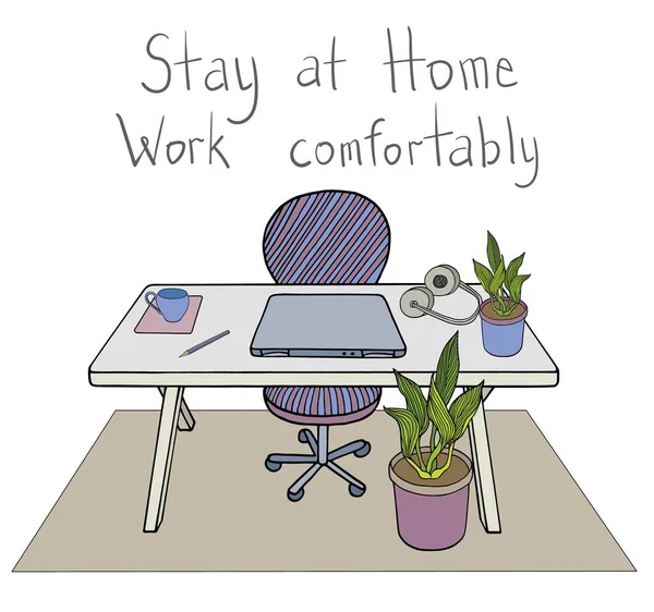 Thuis blijven, comfortabel werken. Thuis kantoor werkplek met bureau, laptop, plant, koptelefoon, mok koffie. Handgetekende vectorillustratie. Afstandswerk, quarantaine, zelfisolatie, freelance. — Stockvector