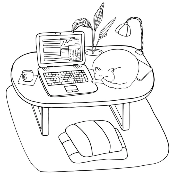 Remote work concept. Thuis kantoor werkplek met laptop, plant, mok koffie en kat op tafel. Handgetekende vectorcontourillustratie. Thuis blijven, quarantaine en zelfisolatie, freelance print — Stockvector