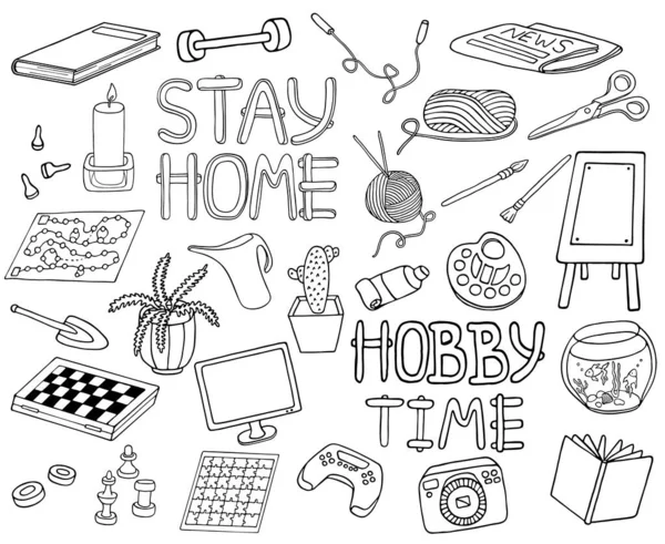 Outline doodle hobbies set. Stay home concept. Top table and video games, painting, reading, sport, knitting, gardening vector illustration. Hand drawn elements for coloring, banners, design. — Stock Vector