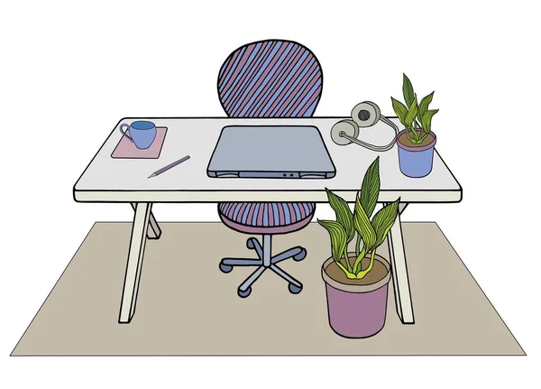집에 있으면서 편안하게 일하 세요. 책상, 노트북, 식물, 헤드폰, 커피가 있는 가정 사무실입니다. 손으로 그린 벡터 일러스트. 원격 작업, 격리, 자립심, 프리랜서. — 스톡 벡터