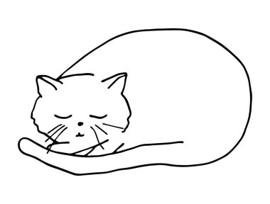 Top içinde uyuyan kedi tasviri. El çizimi vektör çizimi. Boyama kitabı sayfası, dekorasyon, kartlar, afişler, baskılar için sevimli kedi yavrusu