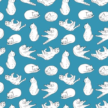 Farklı şekillerdeki evcil kedi kusursuz bir model oluşturuyor. Şirin kedicikler oturuyor, oynuyor, uyuyor. Tekstil, evcil hayvan dükkanı, baskı, kart için mavi arkaplanda el çizimi vektör çizimi