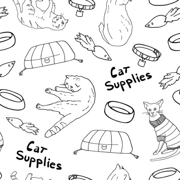 Conjunto Suministros Para Gatos Ilustración Vectorial Colorida Dibujada Mano Salón — Vector de stock
