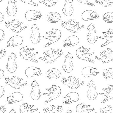 Farklı şekillerdeki evcil kedi kusursuz bir model oluşturuyor. Şirin kedicikler oturuyor, oynuyor, uyuyor. Boyama sayfası, evcil hayvan dükkanı, baskı, kart için beyaz arkaplan üzerine el çizimi vektör çizimi