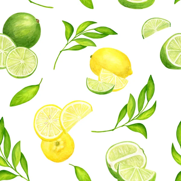 葉のシームレスなパターンを持つ水彩石灰とレモン パッケージ カード 装飾のための白い背景に隔離された新鮮な緑と黄色の柑橘類の果物のイラストを描いた — ストック写真