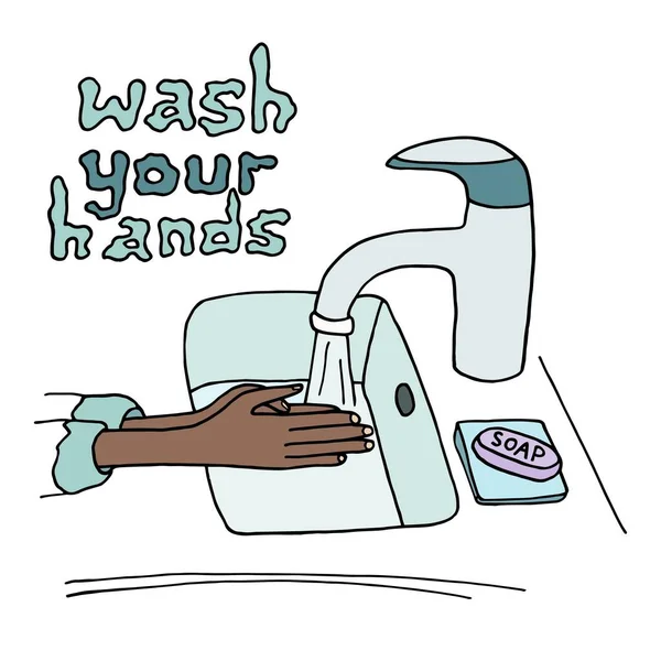 用肥皂洗手 个人卫生概念 头孢病毒的预防 在水龙头下的手与白色背景隔离 用于海报 图标的彩色卡通矢量插图 — 图库矢量图片