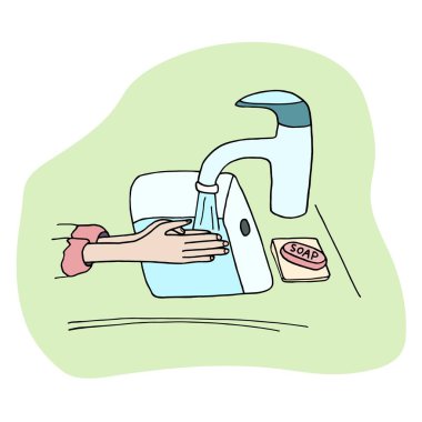 Ellerimi sabunla yıkıyorum. Kişisel hijyen konsepti. Coronavirus önleme, dezenfeksiyon. Eller suyun altında, beyaz arka planda izole edilmiş. Poster, işaret, simge için renkli çizgi film vektör çizimi.