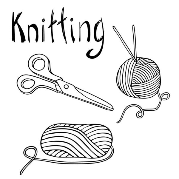 Taslak vektör örgü seti. İplik yumağı, örgü iğneleri ve makas. El yapımı markalaşma kimlikleri, kartvizitler, afişler, dekorasyon için el yapımı karalama unsurları. Hobi ve el yapımı malzemeler