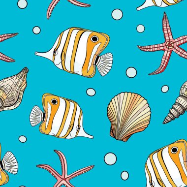 Tropikal balık, deniz kabuğu ve deniz yıldızı vektörleri kusursuz desen. Elle çizilmiş su altı çizimi. Mavi su arka planında bakır bant kelebek balığı. Çizgi film chelmon rostratus veya gagalı mercan balığı