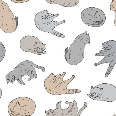 Çizgi film kedileriyle kusursuz desen. El çizimi gri ve kahverengi renkli vektör çizimi beyaz arkaplanda izole edilmiş. Tekstil, kartlar, ambalaj, dekorasyon, duvar kâğıdı, baskı için komik kedicikler.