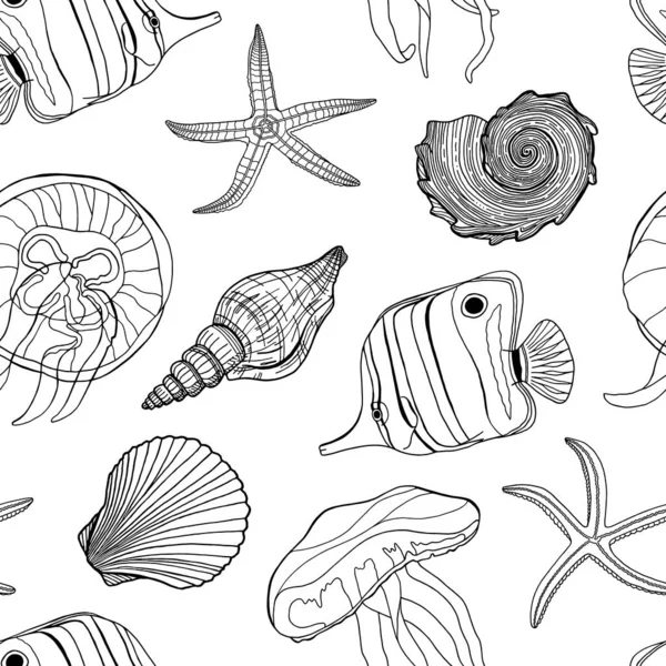 Tropical Fish Seashell Jellyfish Starfish Vector Seamless Pattern Hand Drawn — Stock Vector
