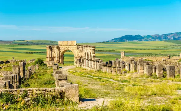 Vue sur la rue Decumanus Maximus en ruines de l'ancienne ville Volubilis - Maroc — Photo