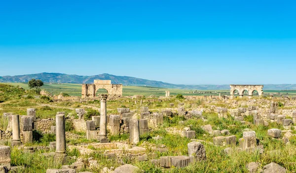 Widok na ruiny starożytnego miasta Volubilis - Maroko — Zdjęcie stockowe