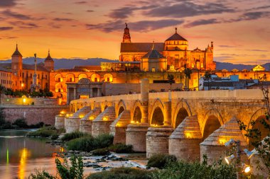 Roma ile cami Katedrali'nde görünümü akşam köprü Cordoba, İspanya
