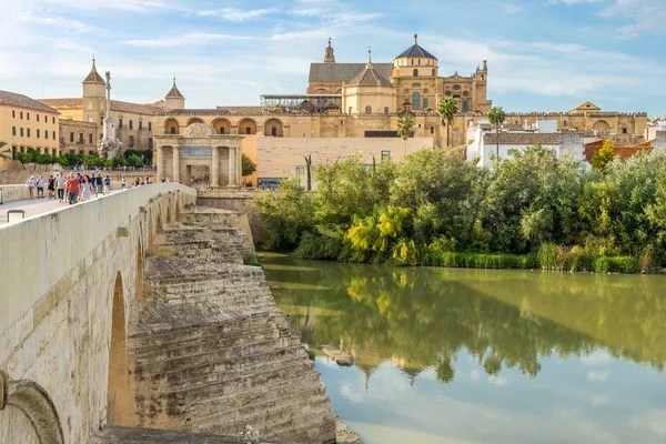 モスク - 大聖堂コルドバ、スペインの古いローマの橋から見た — ストック写真