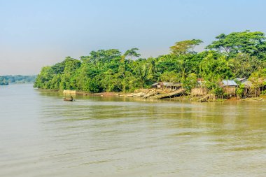Bangladeş 'teki Katcha nehrinin kıyısındaki köye bak.