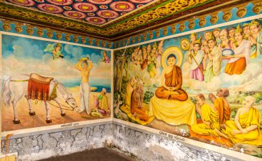 DHOWA, SRI LANKA - 11 Şubat 2020 - Dhowa Rock Tapınağındaki Dekoratif Resim. Dhowa Kaya Tapınağı, Sri Lanka 'da korunan bir miras alanı..