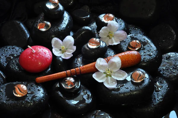 Kolaż Spa Kamienie Masaż Lotos Magnolia Aromat Tajski Tajski Masaż — Zdjęcie stockowe