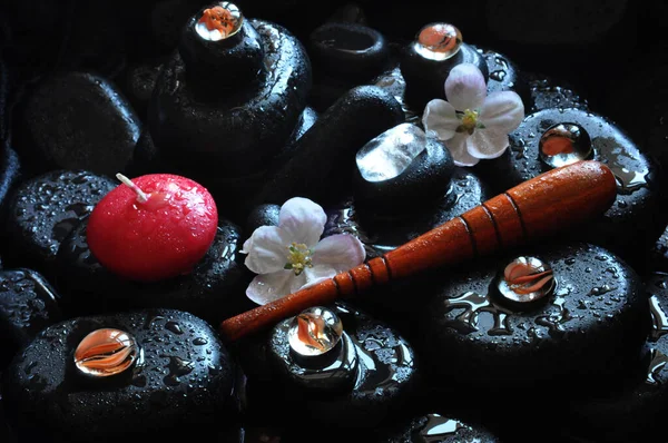 Kolaż Spa Kamienie Masaż Lotos Magnolia Aromat Tajski Tajski Masaż — Zdjęcie stockowe