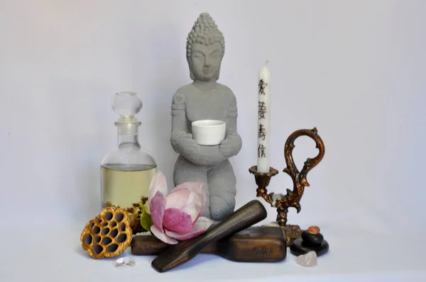 Κολάζ Spa Πέτρες Μασάζ Λάδι Άρωμα Ταϊλανδέζικο Μασάζ Κεριά Buddha — Φωτογραφία Αρχείου