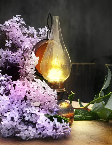 Leylak, durgun hayat, çiçekler, lamba, ateş, yeşil, bahar, kolaj, ışık