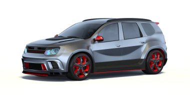 Beyaz üzerine izole edilmiş markasız, jenerik konsept bir arabanın 3D görüntülenmesi