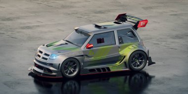 Yarış pistinde markasız, jenerik konsept bir arabanın 3 boyutlu çizimi 