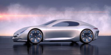 Yarış pistinde markasız, jenerik konsept bir arabanın 3 boyutlu çizimi 