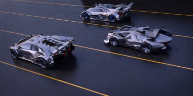 Yarış pistinde markasız jenerik konsept arabaların 3 boyutlu yorumlanması