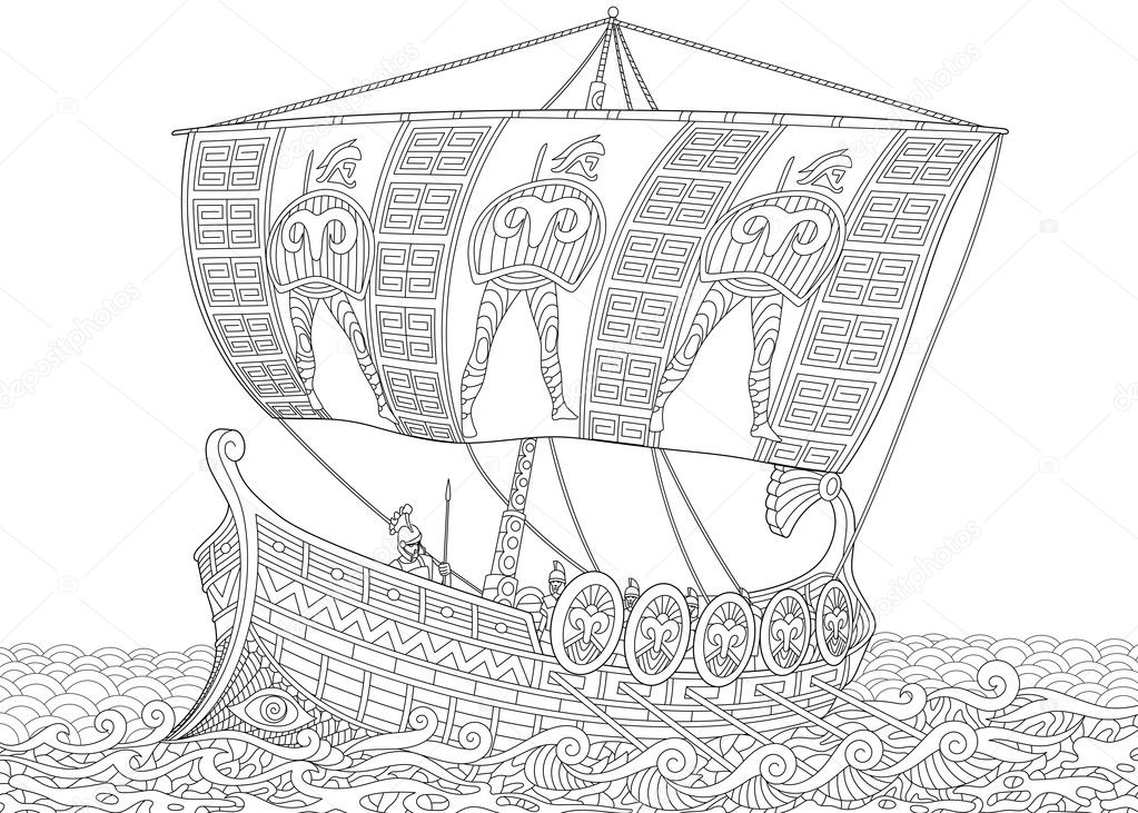 Zentangle stylized ancient greek galley