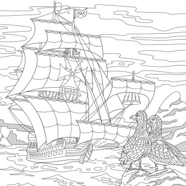 Zentangle stylized sailing ship clipart