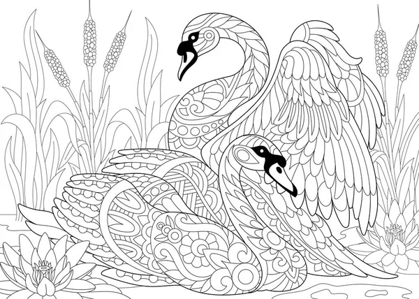 Zentangle estilizado dois cisnes — Vetor de Stock