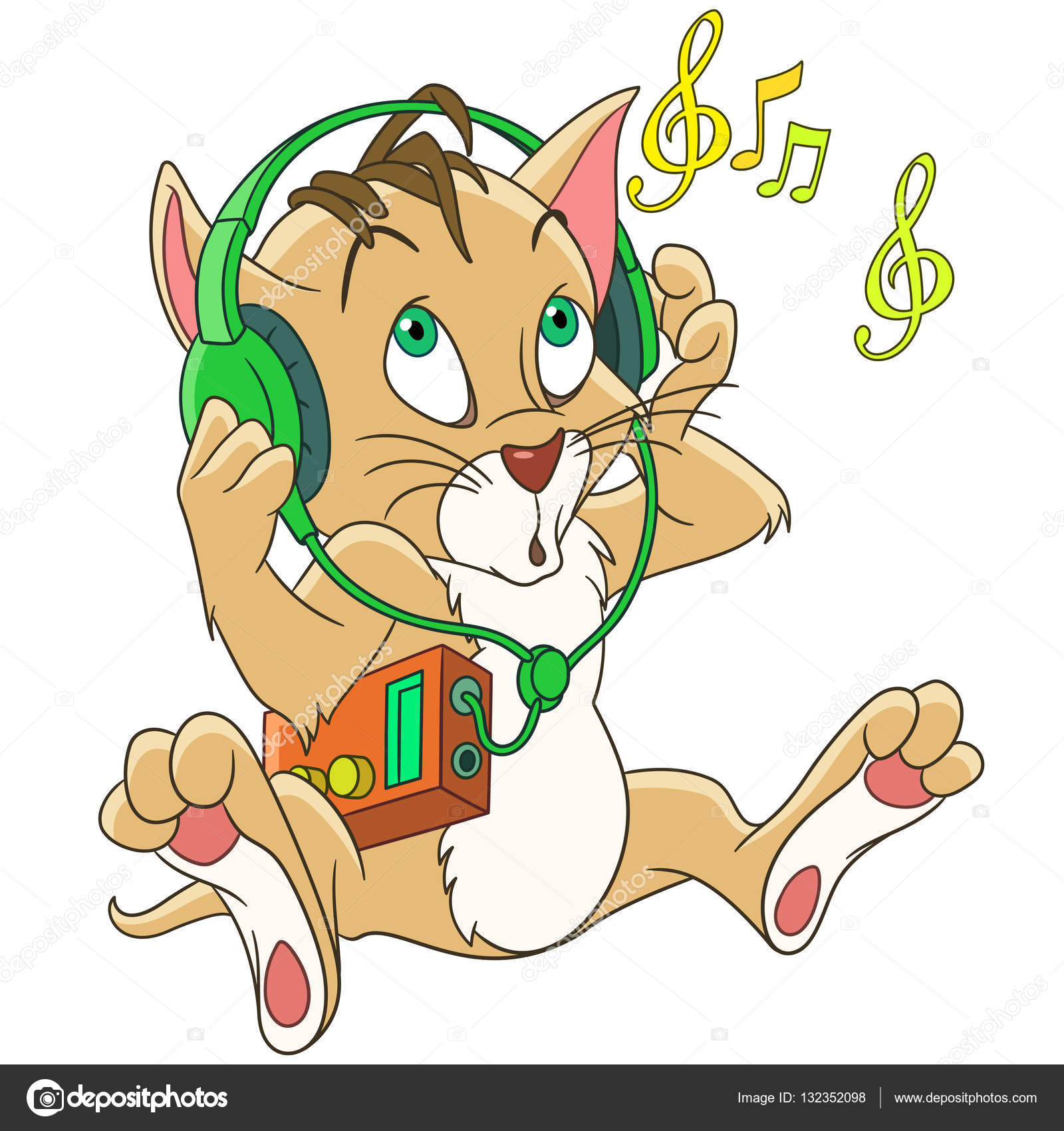 Simpatico fumetto gatto kitty ascolta la musica in cuffie isolato su priorit  bassa bianca Immagine vettoriale infantile e pagina di libro colorato per