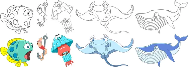 Dibujos animados animales submarinos conjunto — Vector de stock