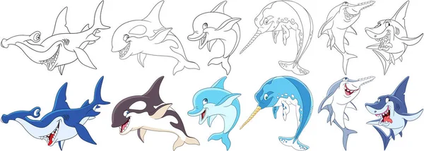 Dibujos animados depredadores submarinos conjunto — Archivo Imágenes Vectoriales