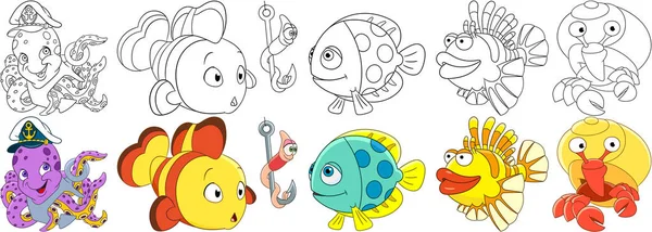 Dibujos animados océano peces conjunto — Vector de stock