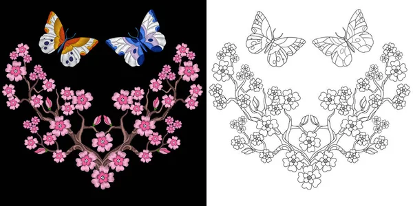 Broderie papillon sakura design — Image vectorielle
