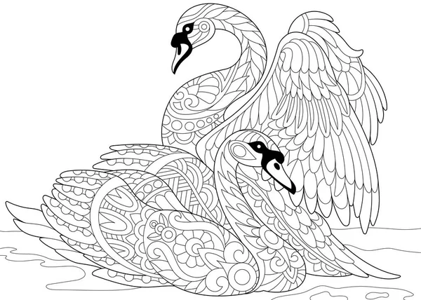 Zentangle estilizó dos cisnes — Vector de stock