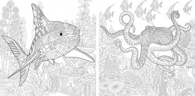 Zentangle köpekbalığı ve ahtapot