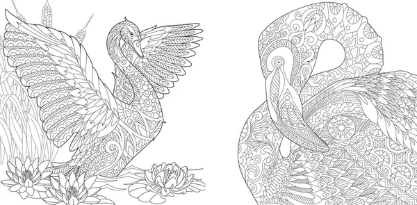 Ptaki łabędź i flamingo Zentangle — Wektor stockowy