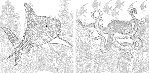 Zentangle rekina i ośmiornicy — Wektor stockowy