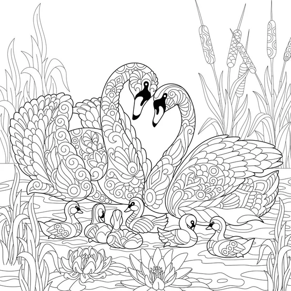 Zentangle 风格天鹅鸟类家族 — 图库矢量图片