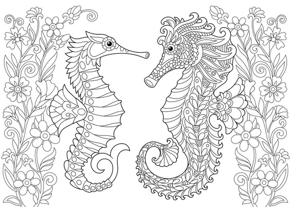 Zentangle stilizált csikóhal és virágok — Stock Vector