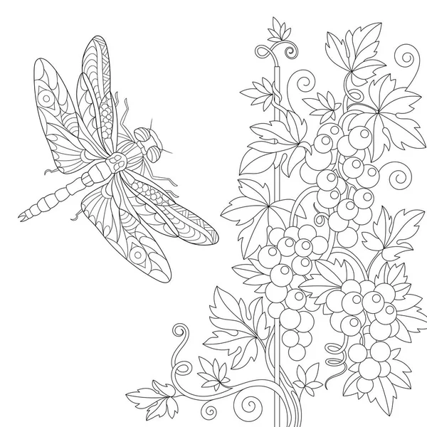 Zentangle 风格蜻蜓和葡萄树 — 图库矢量图片