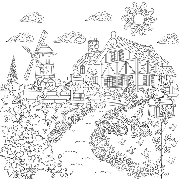 Zentangle estilizado cena rural —  Vetores de Stock