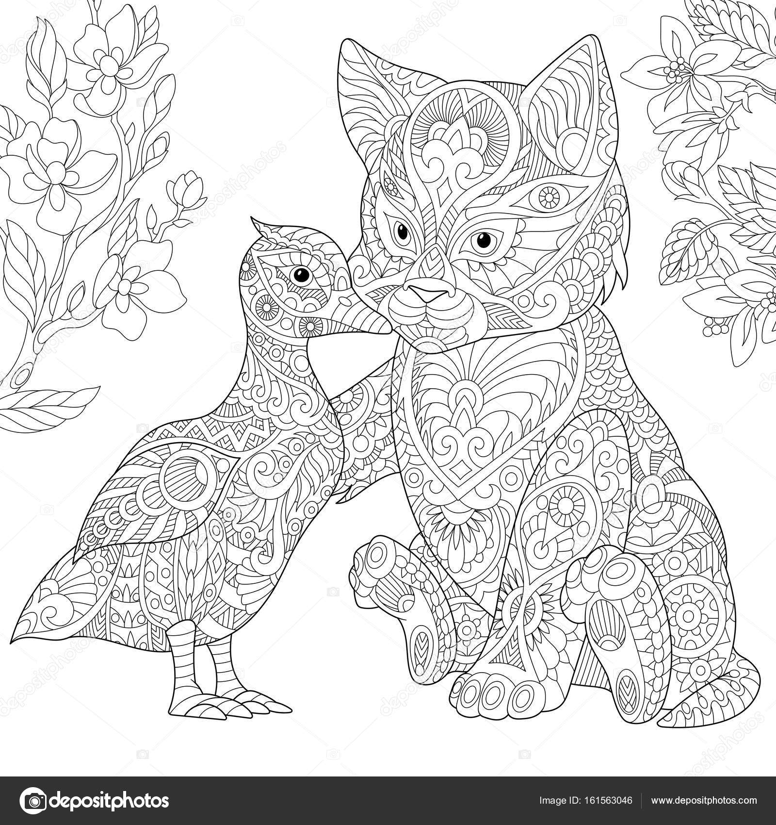 Pagina da colorare Gatto e anatra abbracciano Schizzo a mano libera disegni per libro da colorare antistress adulto in stile zentangle — Vettoriali di