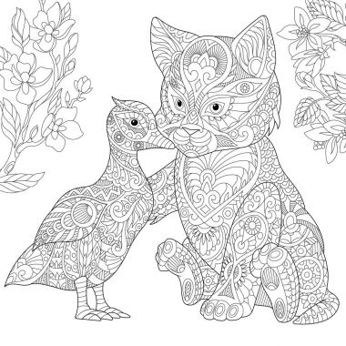 Zentangle stilize kedi ve ördek