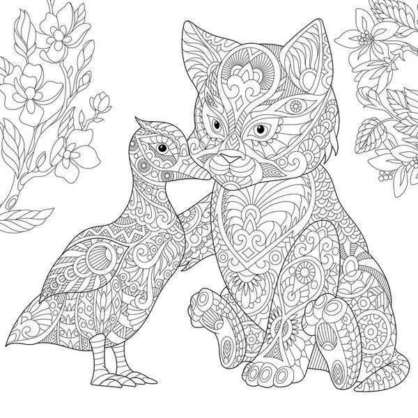 Zentangle stilisierte Katze und Ente — Stockvektor