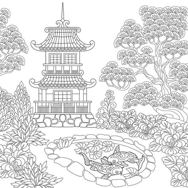 Pagoda bergaya Zentangle - Stok Vektor